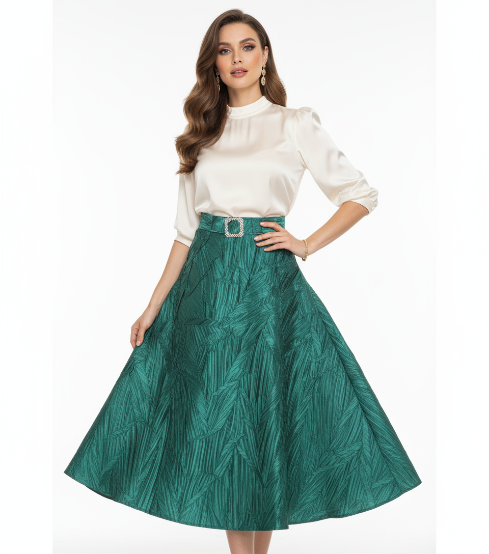 Emerald Taffeta Midi Skirt with Waist Embellishment - Premium Collection