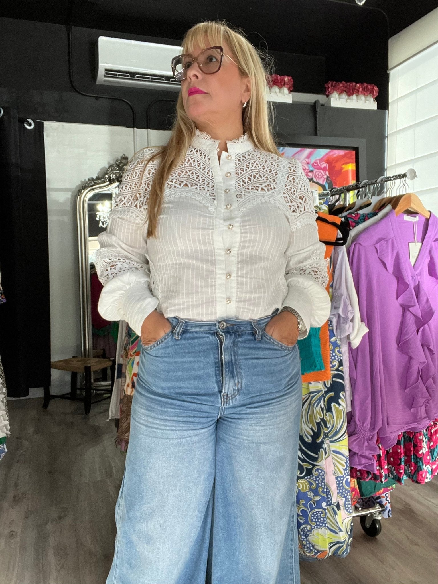 Luxurious White Lace Blouse: Elegant Long Sleeve Button-Down with Delicate Details - Bella Boutique & Bellasbylola.com