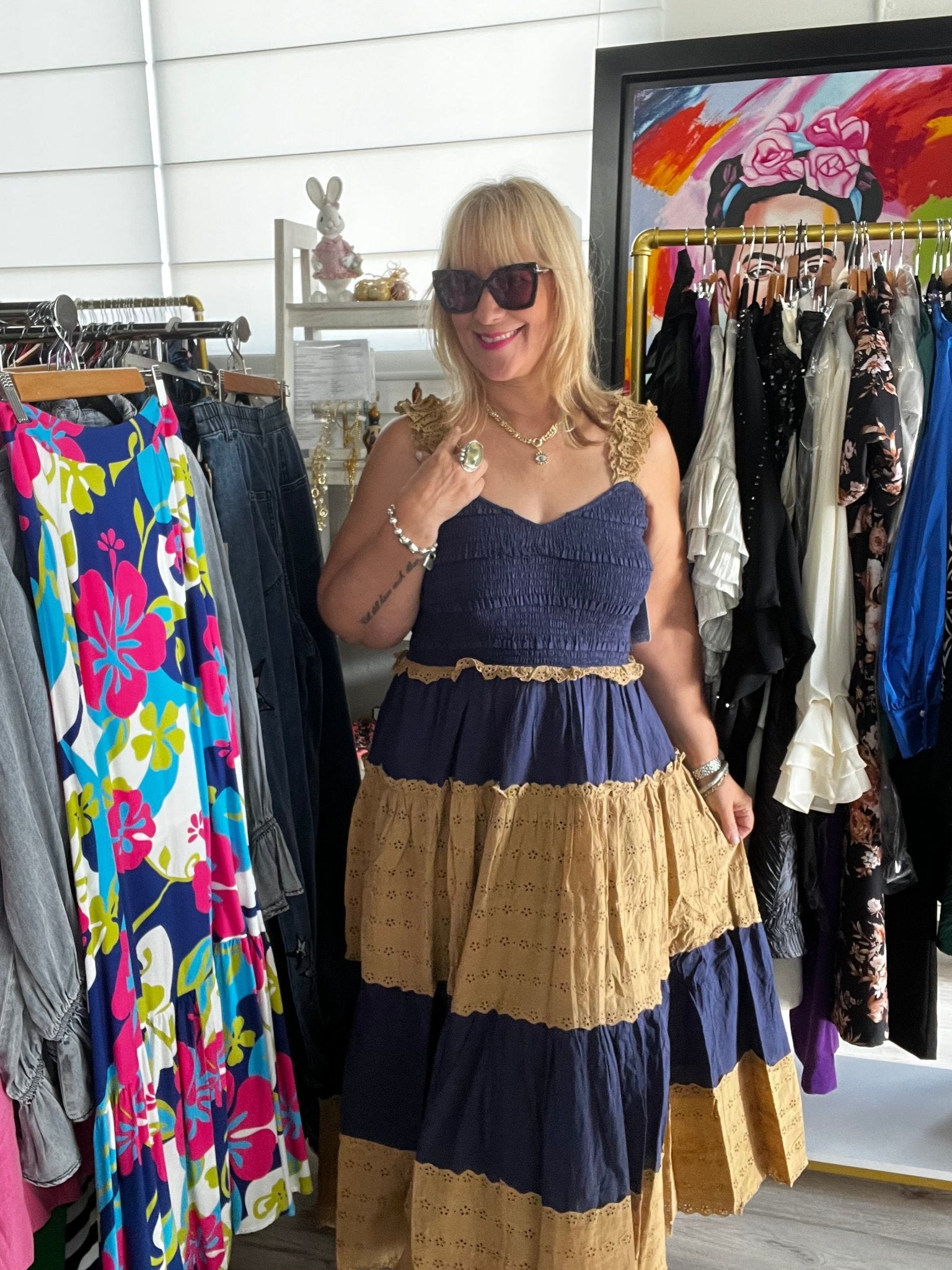 Eyelet Navy & Beige Maxi Dress - TAX INCLUDED - Bella Boutique & Bellasbylola.com
