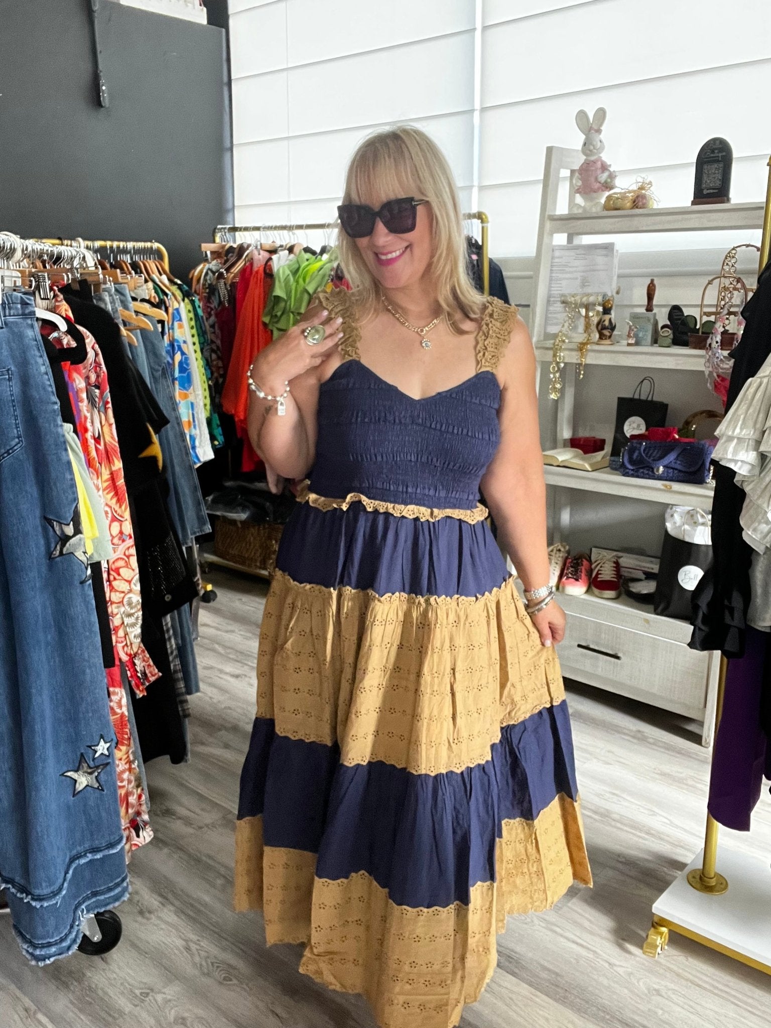 Eyelet Navy & Beige Maxi Dress - TAX INCLUDED - Bella Boutique & Bellasbylola.com