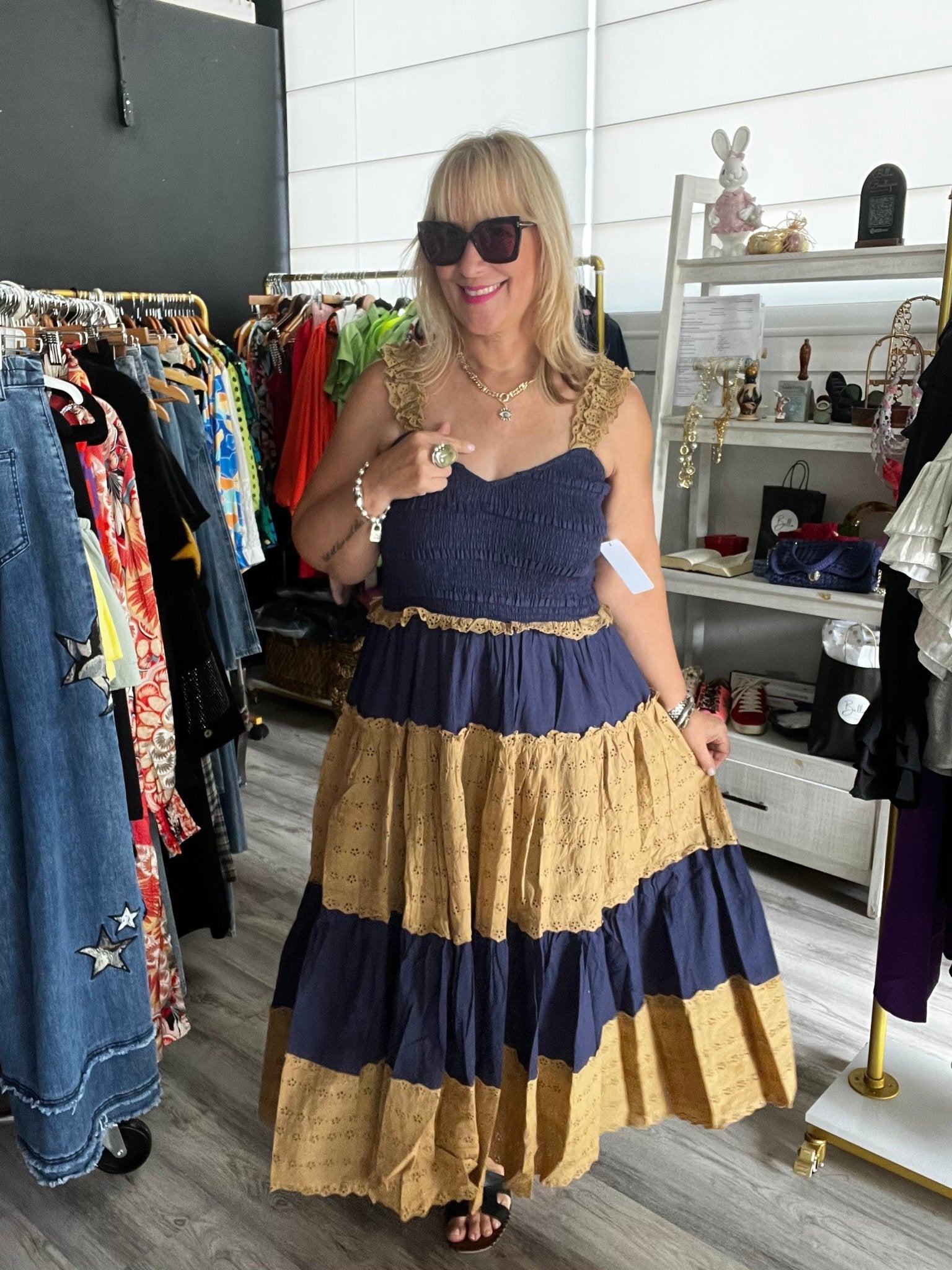 Eyelet Navy & Beige Maxi Dress - TAX INCLUDED - Bella Boutique & Bellasbylola.com