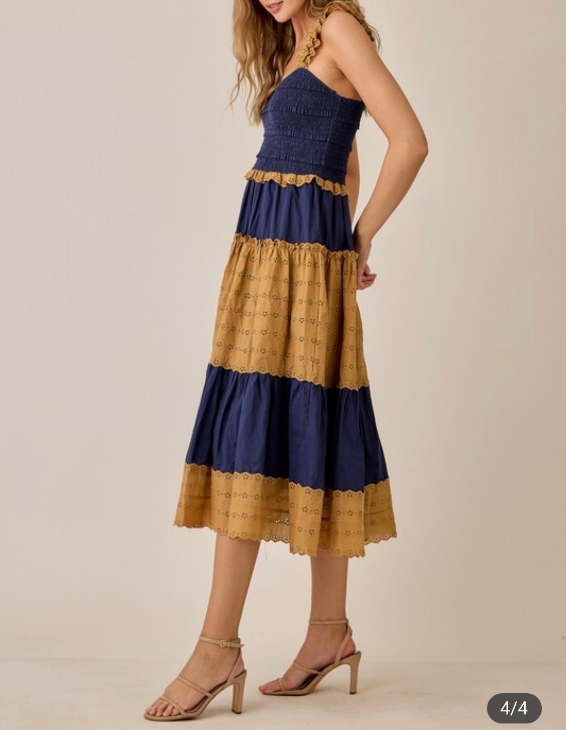 Eyelet Navy & Beige Maxi Dress - TAX INCLUDED - Bella Boutique & Bellasbylola.com