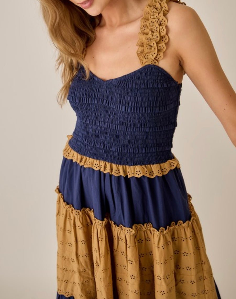 Eyelet Navy & Beige Maxi Dress - TAX INCLUDED - Bella Boutique & Bellasbylola.com