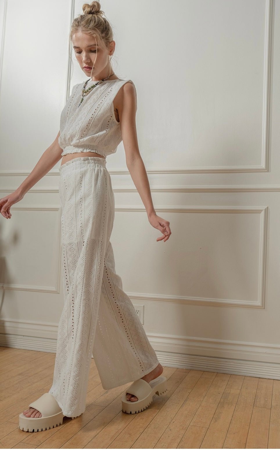 Eyelet White Top & Wide Leg Pants Set - Bella Boutique & Bellasbylola.com