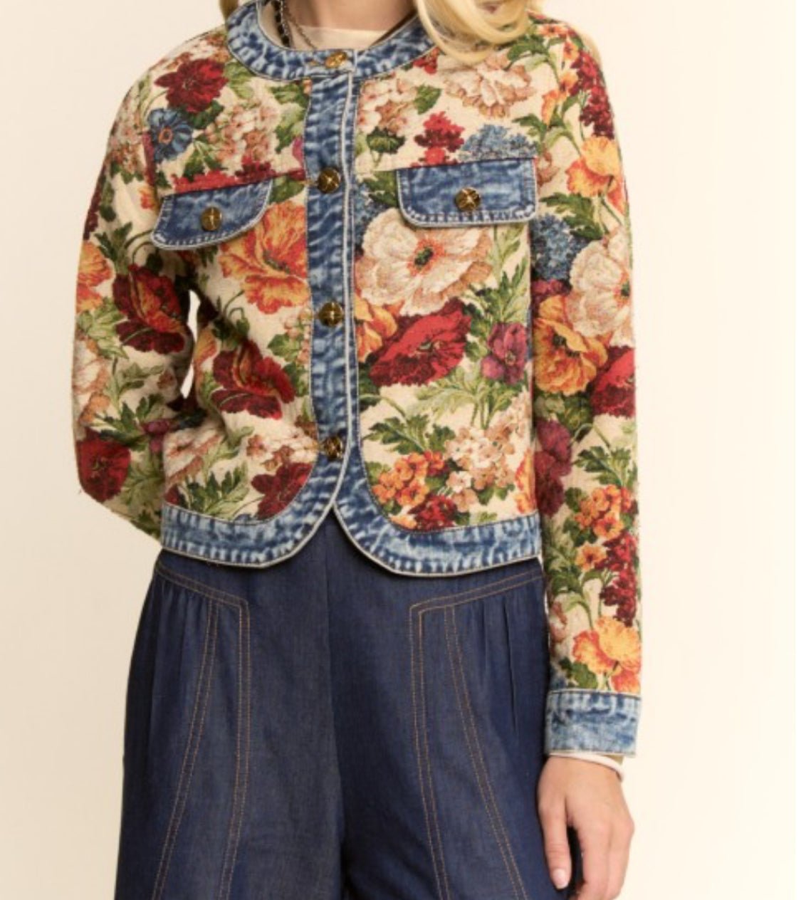 Floral Tapestry Denim Jacket: Vintage-Inspired Artistry for Everyday Versatility! - Bella Boutique & Bellasbylola.com