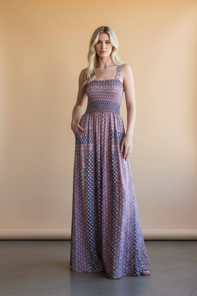 Floral Print Smocked Bodice Knit Jumpsuit with Wide Legs and Pockets - Bella Boutique & Bellasbylola.com