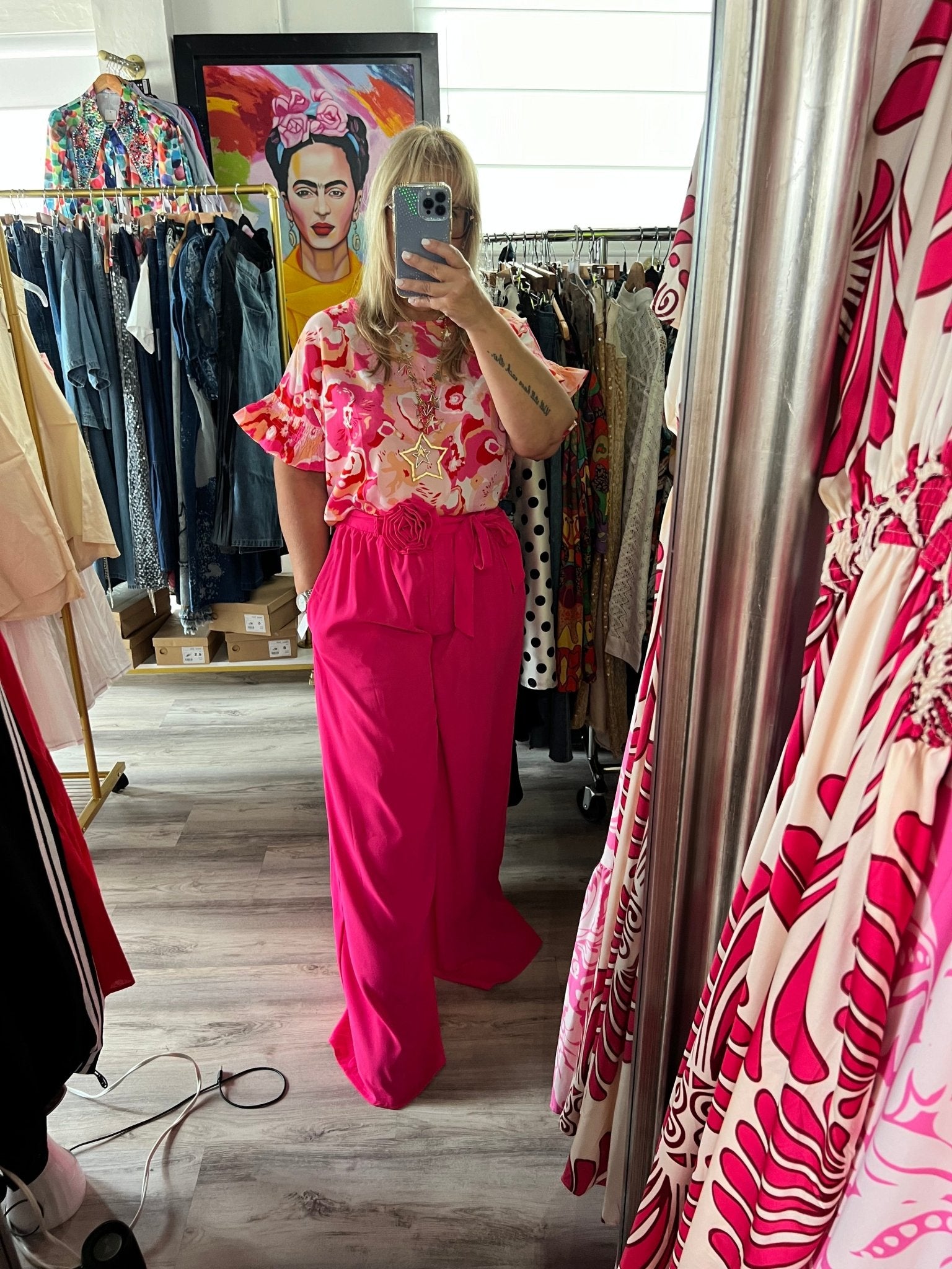 Flower Appliqué Palazzo Pants Hot Pink - Bella Boutique & Bellasbylola.com