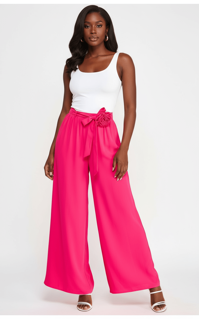 Flower Appliqué Palazzo Pants Hot Pink - Bella Boutique & Bellasbylola.com