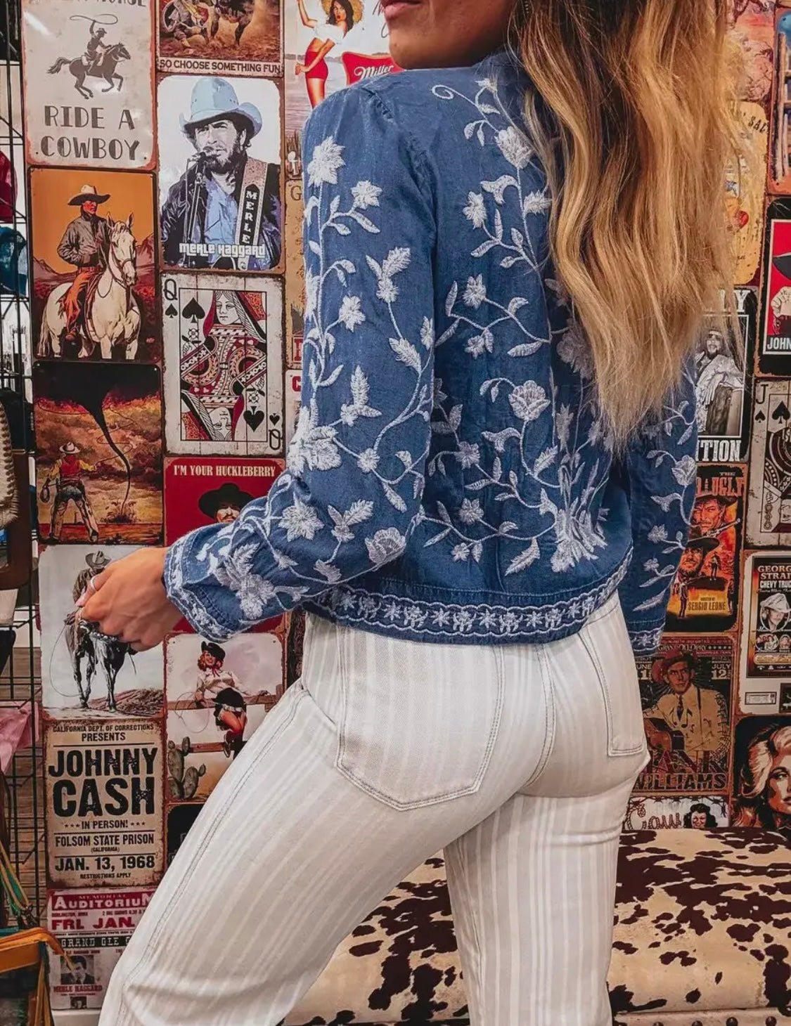 Embroidered Florals Denim Cardi - Bella Boutique & Bellasbylola.com