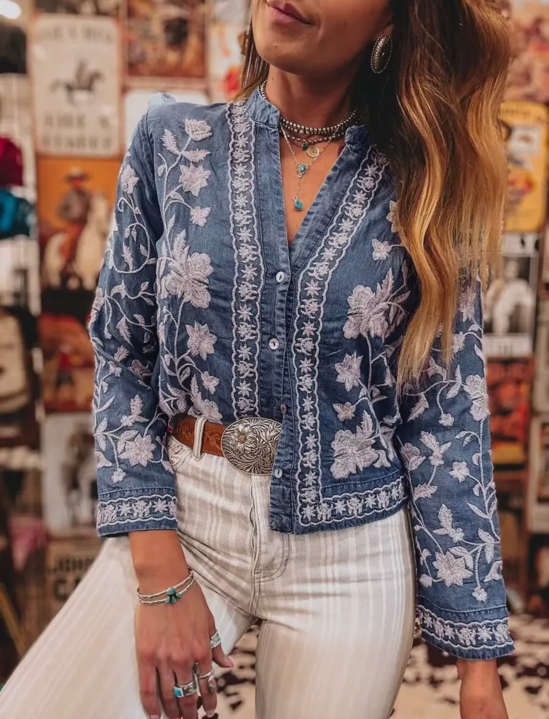 Embroidered Florals Denim Cardi - Bella Boutique & Bellasbylola.com