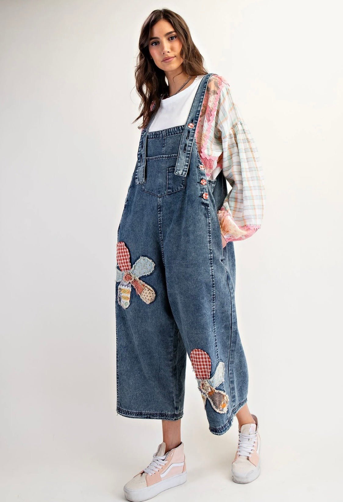 FLOWER PATCH WASHED DENIM BOHO OVERALLS - BELLASBYLOLA.COM