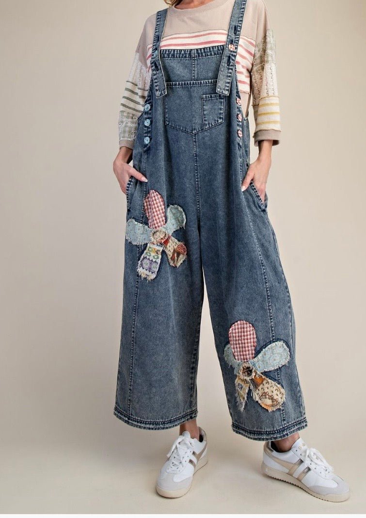 FLOWER PATCH WASHED DENIM OVERALLS - Bella & Bellasbylola.com