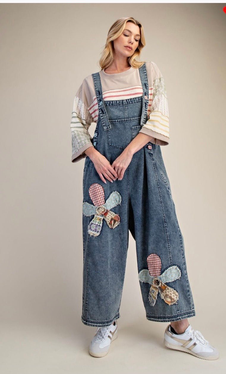 FLOWER PATCH WASHED DENIM OVERALLS - Bella & Bellasbylola.com