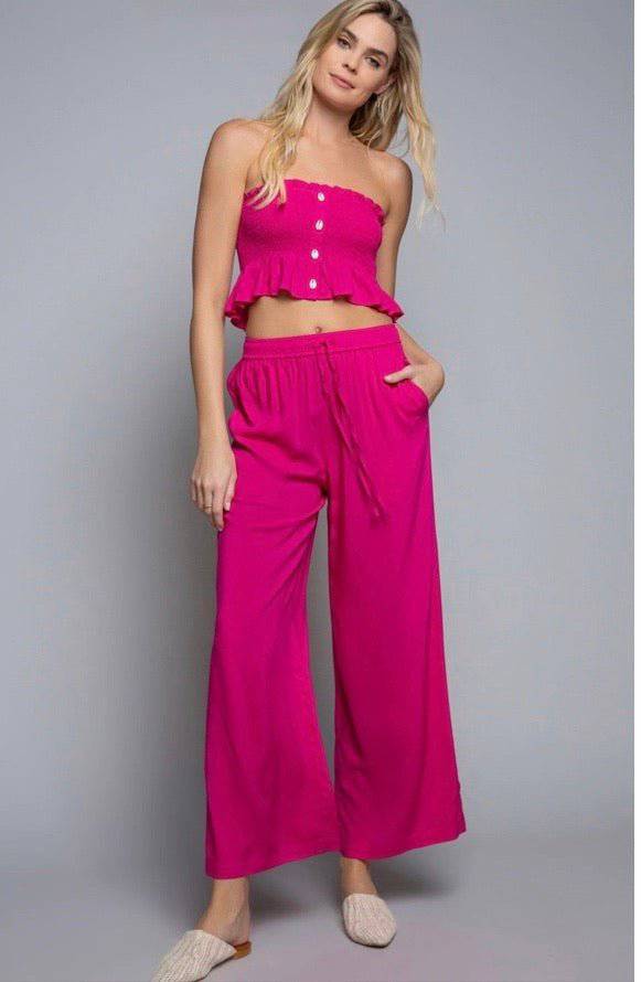 Seashell Button Detail Wide Leg Pants with Ruffle Hem - Bella Boutique & Bellasbylola.com