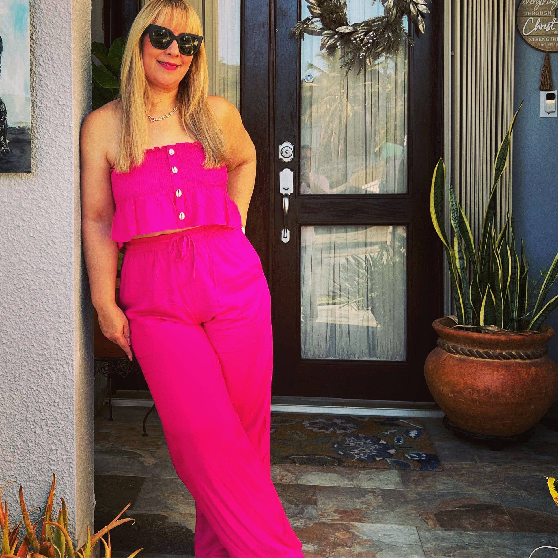 Seashell Button Detail Wide Leg Pants with Ruffle Hem - Bella Boutique & Bellasbylola.com