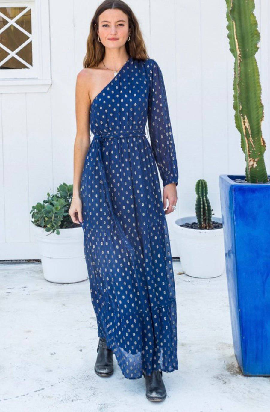 Navy Maxi Dress with Golden Dot Detailing, 100% Rayon, Made in India - Bella Boutique & Bellasbylola.com
