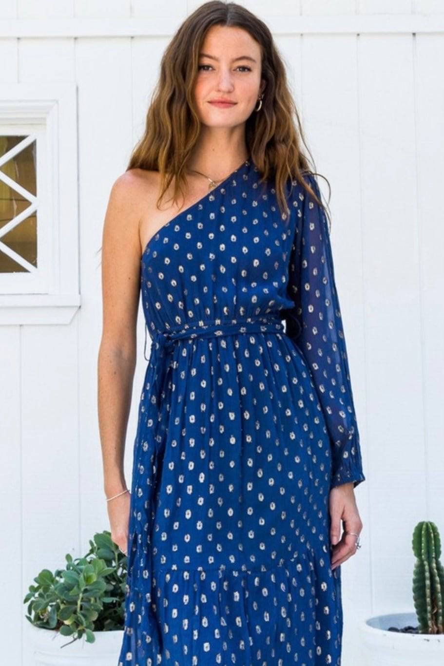 Navy Maxi Dress with Golden Dot Detailing, 100% Rayon, Made in India - Bella Boutique & Bellasbylola.com