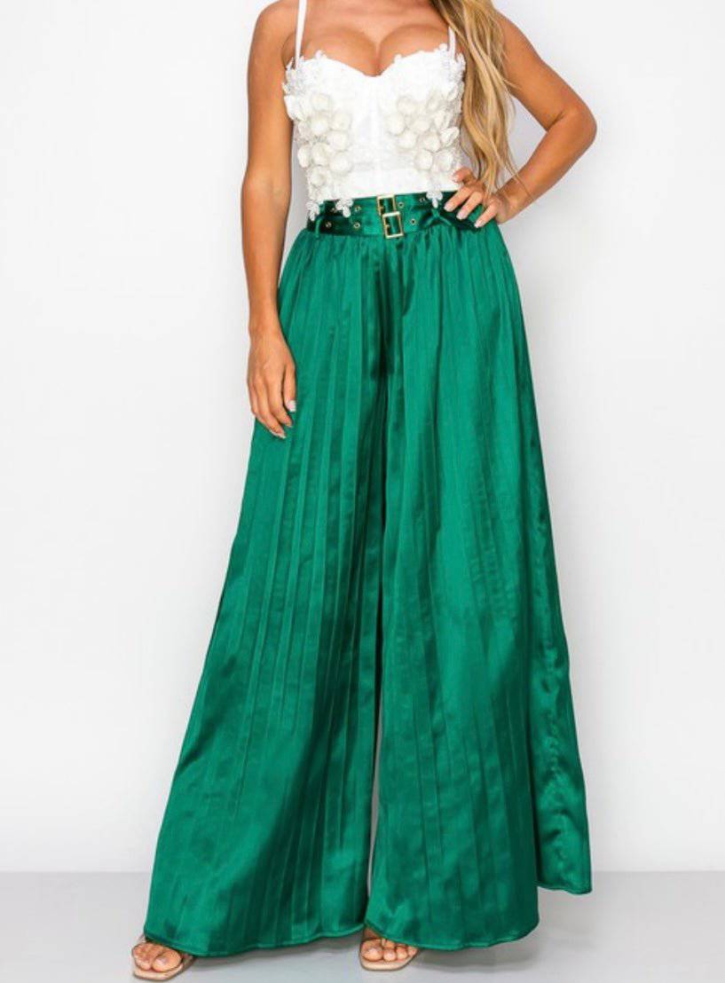 Green Satin Maxi Palazzo Pants - Bella Boutique & Bellasbylola.com