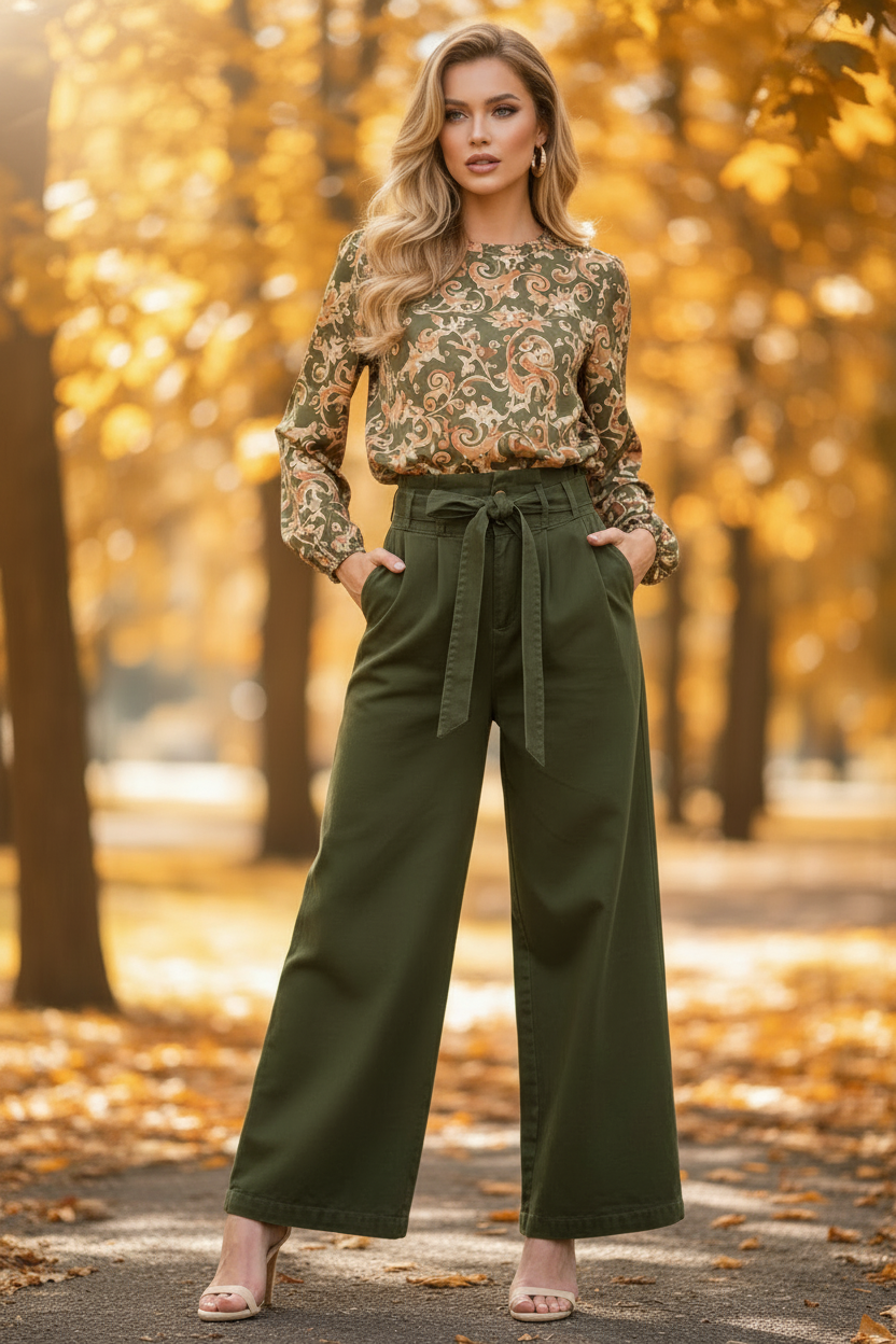Hi-waisted Paperbag Wide Leg Denim -Dark green