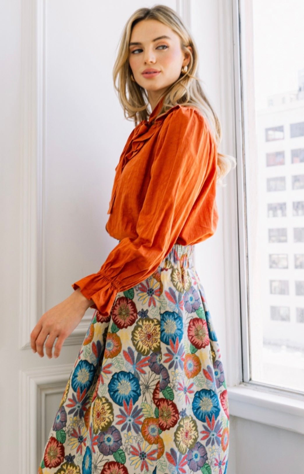 Chic High Collar Blouse in Hunter Green or Rust - Bella Boutique & Bellasbylola.com