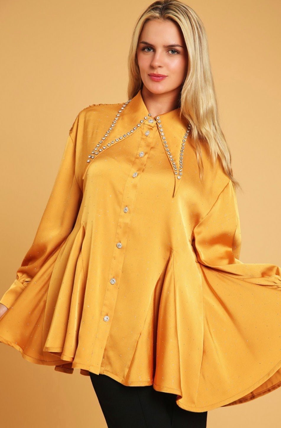 Golden Rhinestone Collar Blouse - Elegant Style - Bella Boutique & Bellasbylola.com