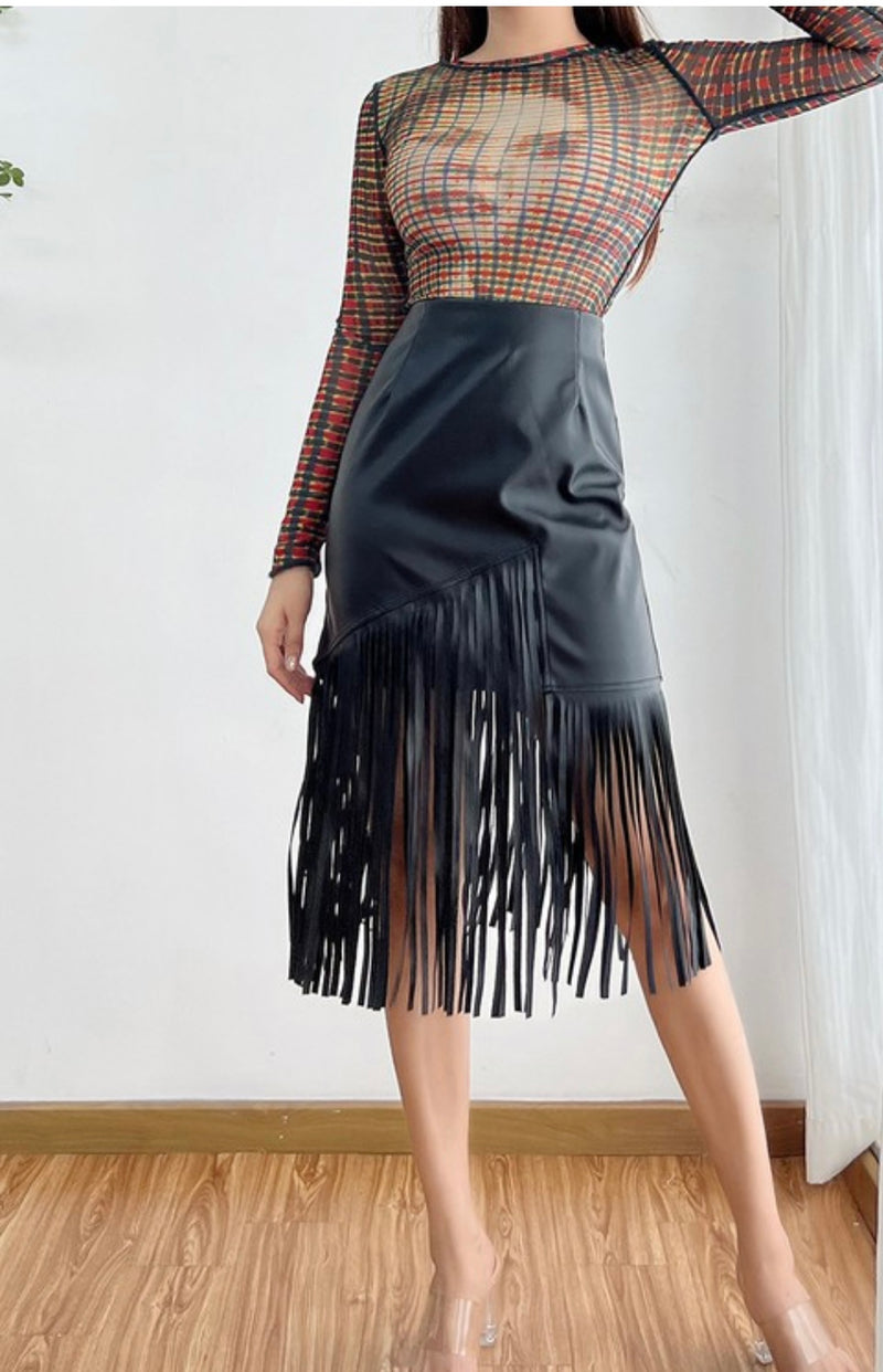 Fringe Leather Midi Skirt - Bellasbylola.com