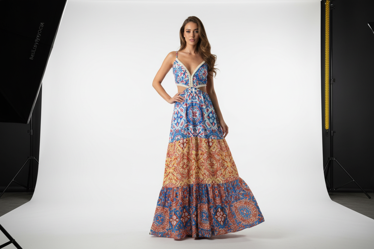 Baroque Blue Maxi: Spaghetti Strap Cutout Waist Dress