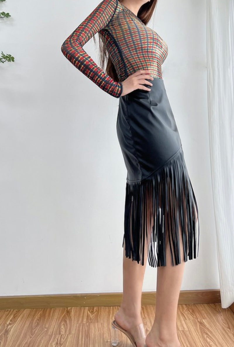 Fringe Leather Midi Skirt - Bellasbylola.com