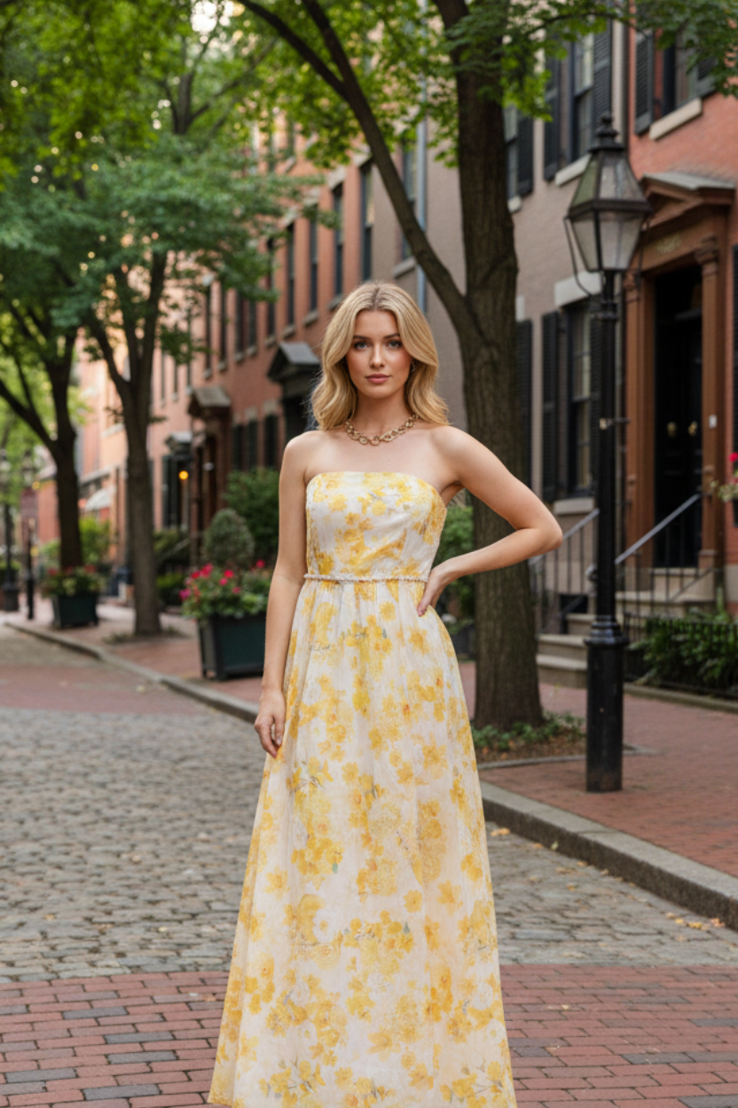 A woman stands on a brick street wearing a strapless yellow and white floral maxi dress. The background shows a tree-lined street with brick buildings and black lanterns.