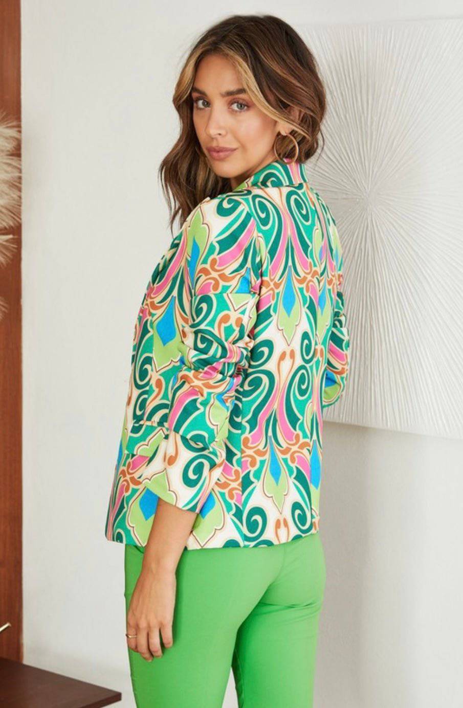 Italian Damask Print Blazer, Single Button, Flap Pockets, 95% Polyester, 5% Elastic - Bella Boutique & Bellasbylola.com