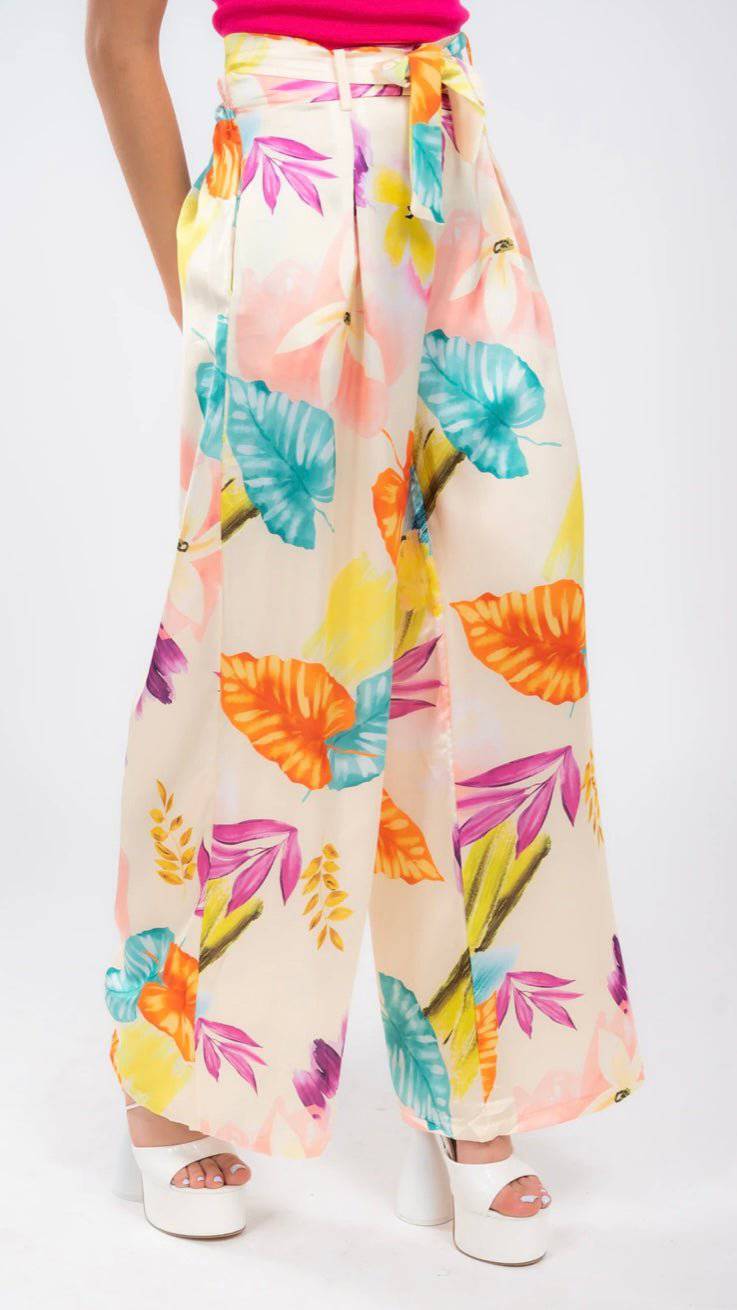 European Floral Print Satin Pants with Self-Tie Belt - Bella Boutique & Bellasbylola.com