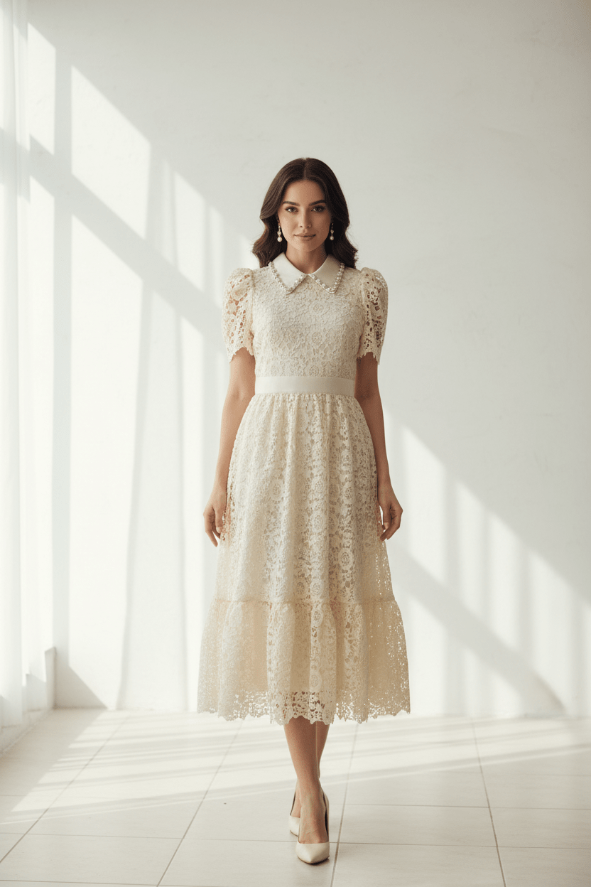 Ivory Embellish Collar Lace Boho Chic Dress for Women - Elegant Vintage Inspired Dress with Collar - Bella & Bellasbylola.com