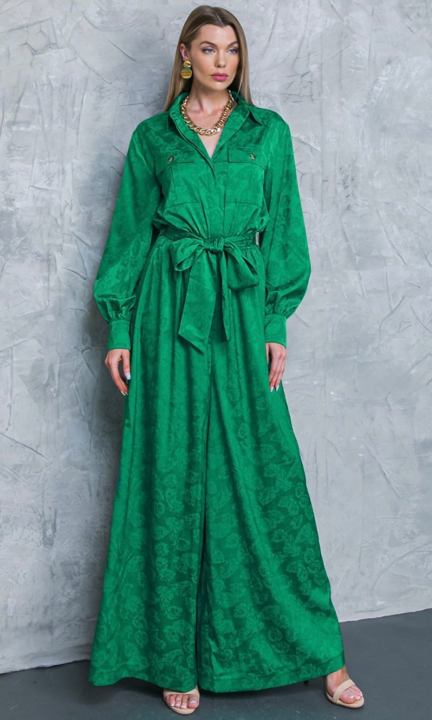 Jacquard Green Satin Jumspsuit - Bella Boutique & Bellasbylola.com