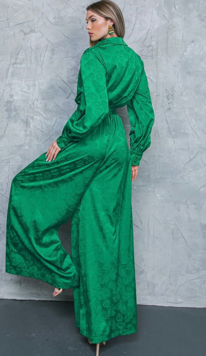 Jacquard Green Satin Jumspsuit - Bella Boutique & Bellasbylola.com