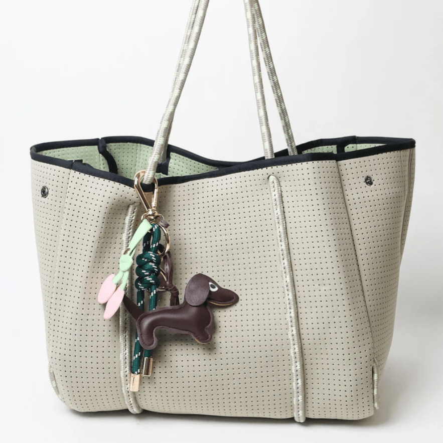 KEY CHAIN EMERALD WITH CHARMS - ESPRESSO DOG AND PINK HEART CHERRIES - Bella & Bellasbylola.com