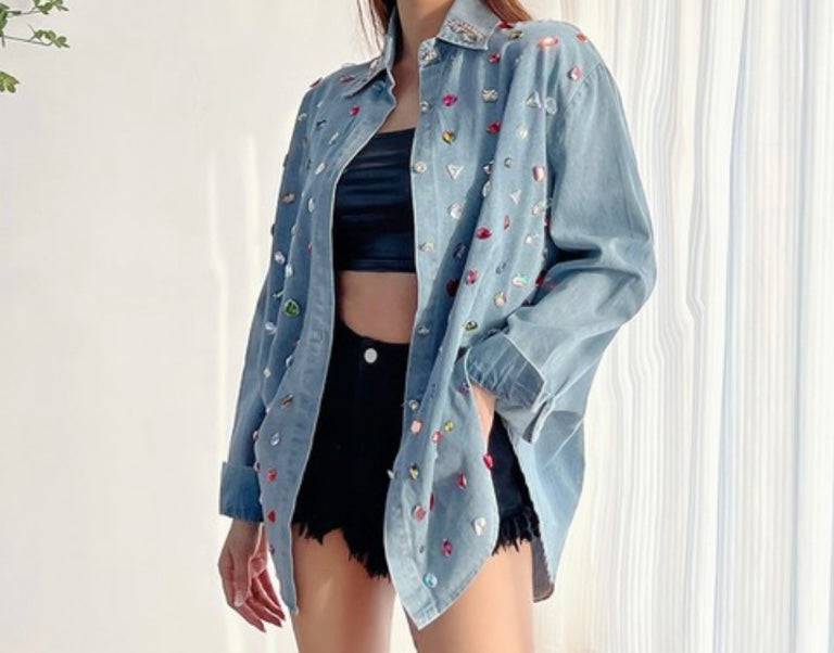Embellished Denim Long Sleeve Top - Bella Boutique & Bellasbylola.com