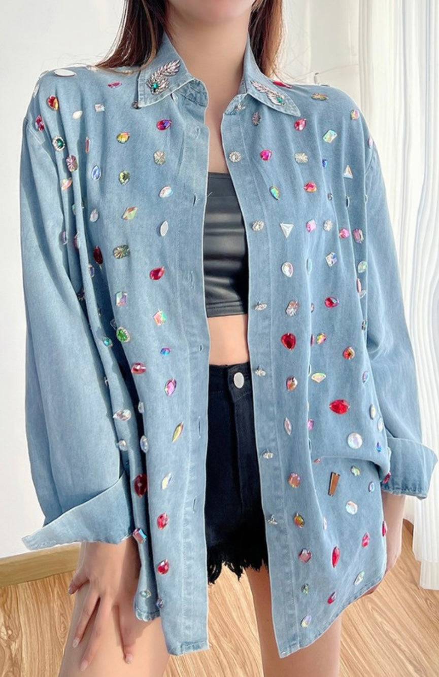Embellished Denim Long Sleeve Top - Bella Boutique & Bellasbylola.com