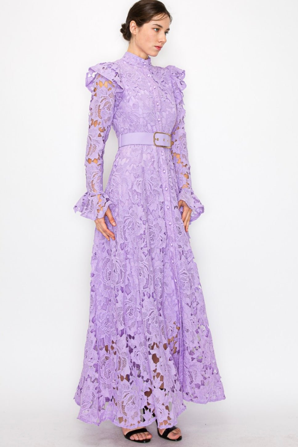 Lila Lace High-Collar Midi Dress - Butterfly Sleeves, Ruffle Cuffs - Bella Boutique & Bellasbylola.com