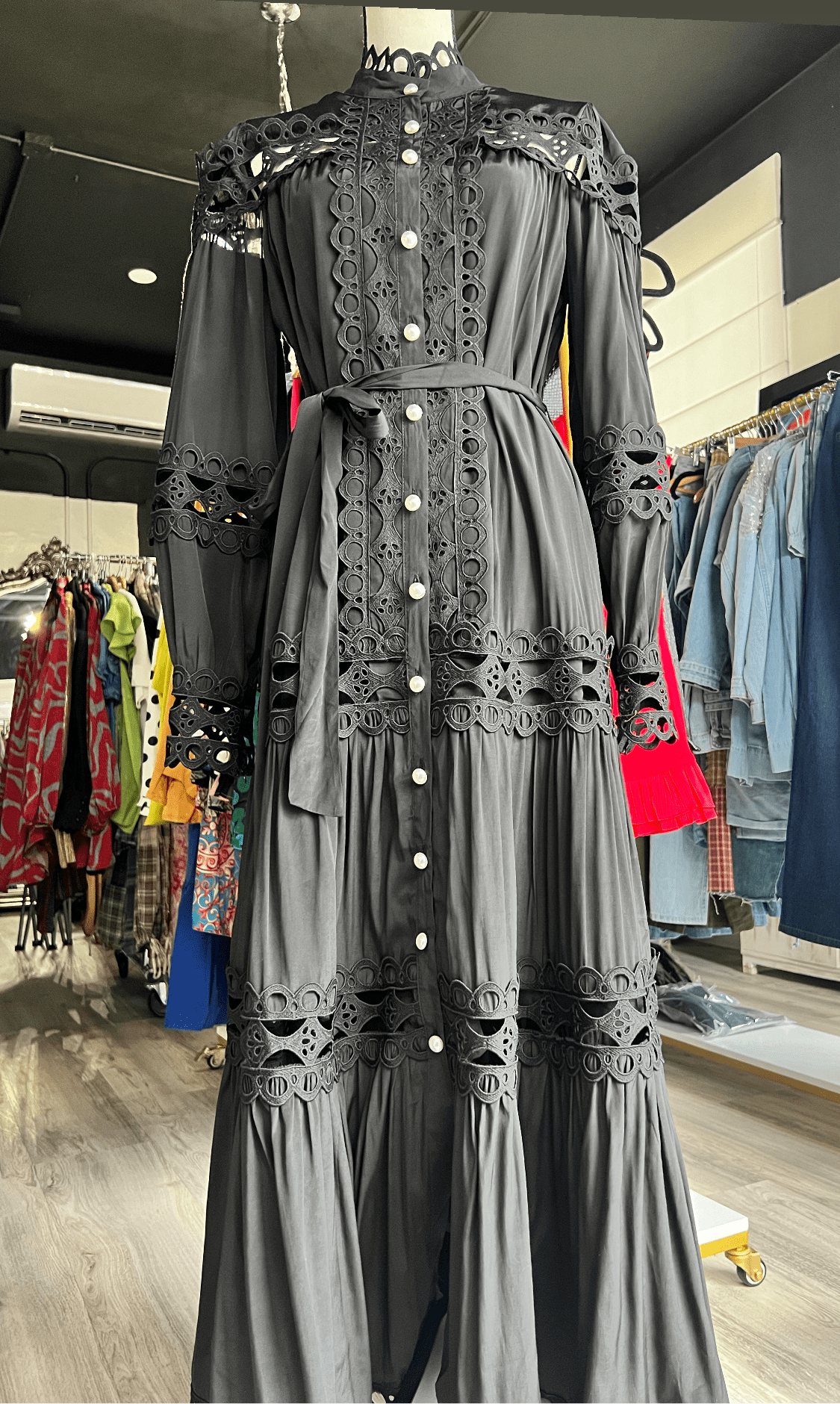 Black Crochet Maxi Dress with Self Tie Belt  Pearl Button Closure - Sleeve and Bodice Cut - Bella Boutique & Bellasbylola.com