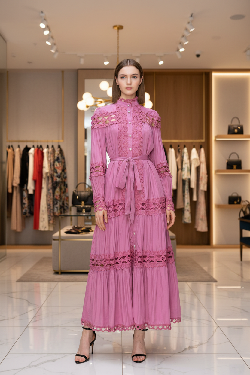 Deep Rose Maxi Dress: Elegant Mock Neck with Crochet Detailing & Self-Tie Belt - True to Size