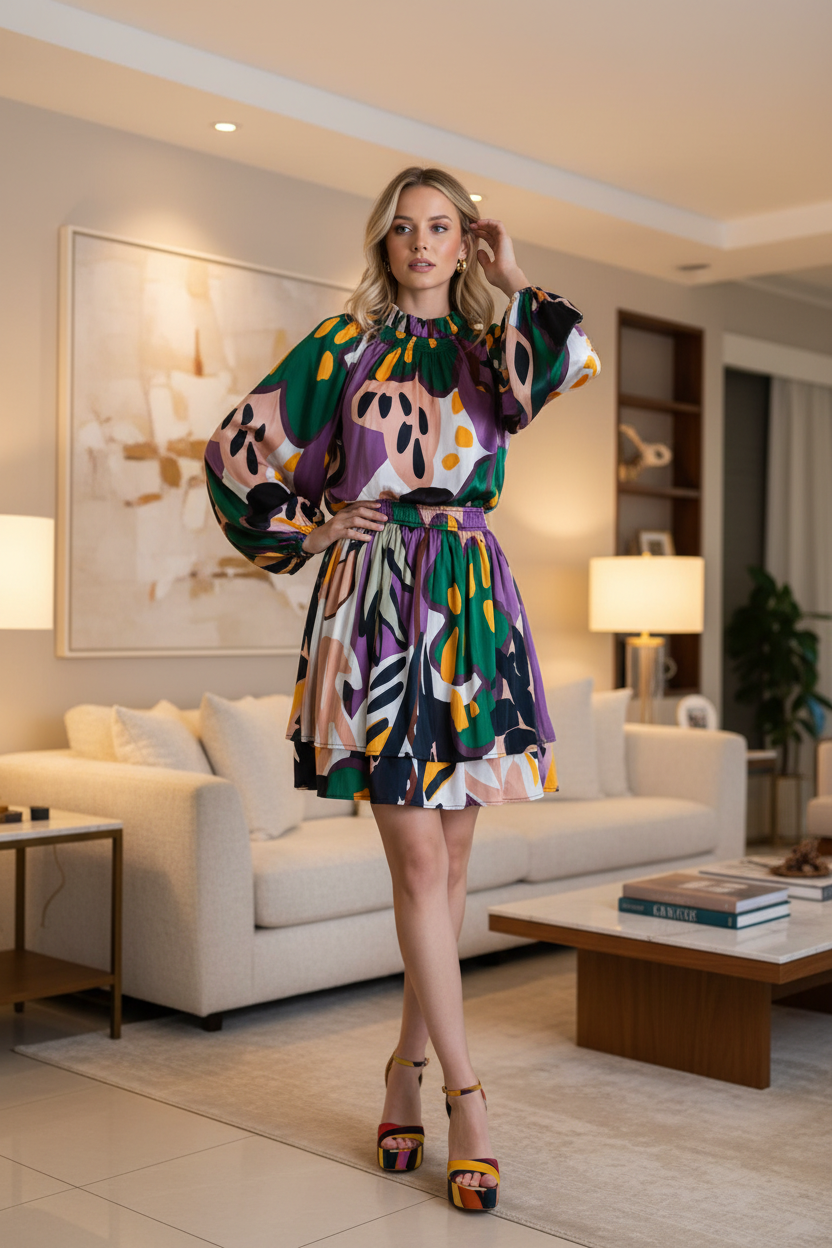 Lori Collection Purple Satin Dress with Floral Print - Elegant, Exclusive, & Chic!