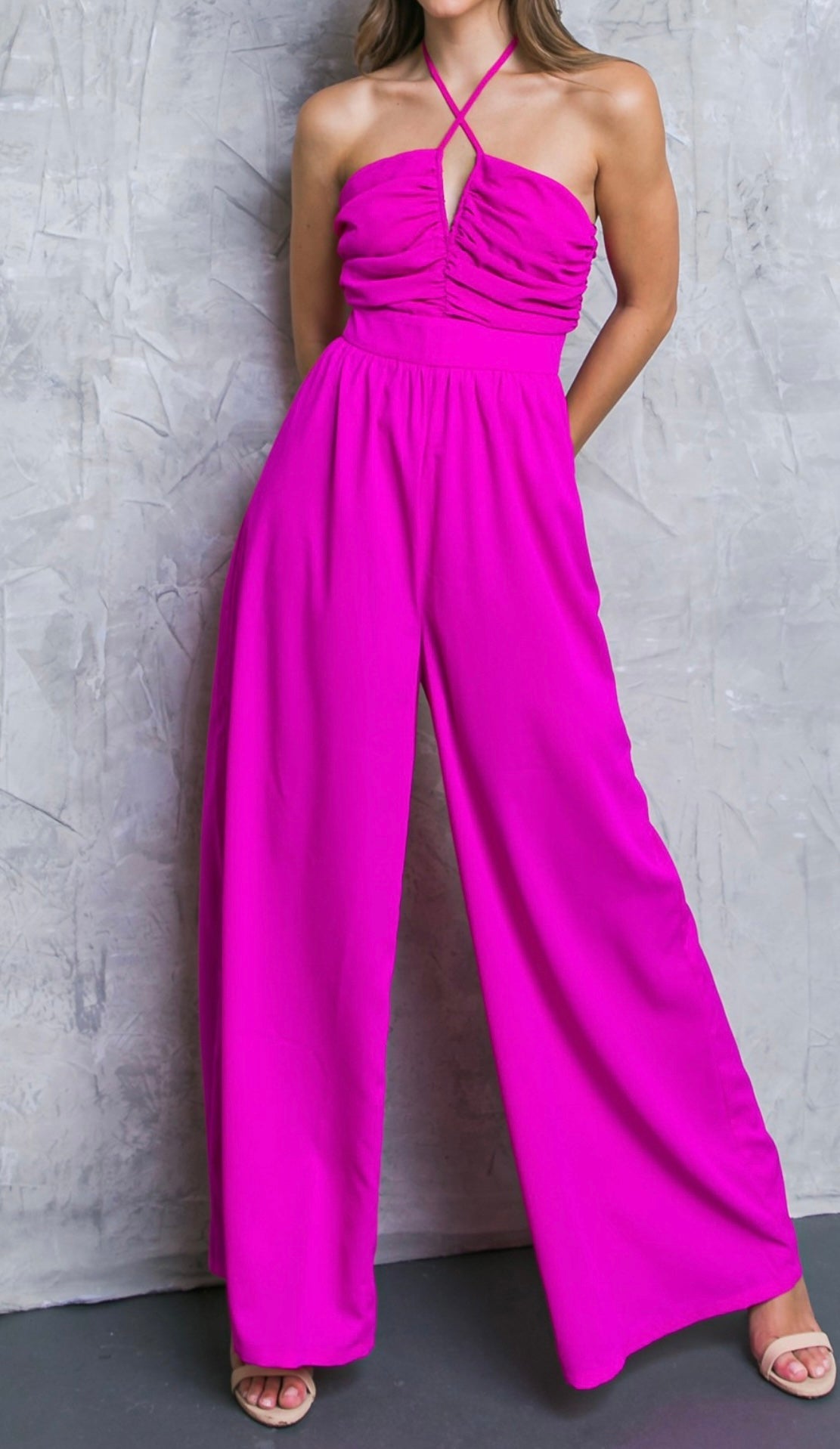 Magenta Wide Leg Jumpsuit: Stand out in style! Flattering fit, bold statement piece, must-have! 💃 Bellasbylola.com