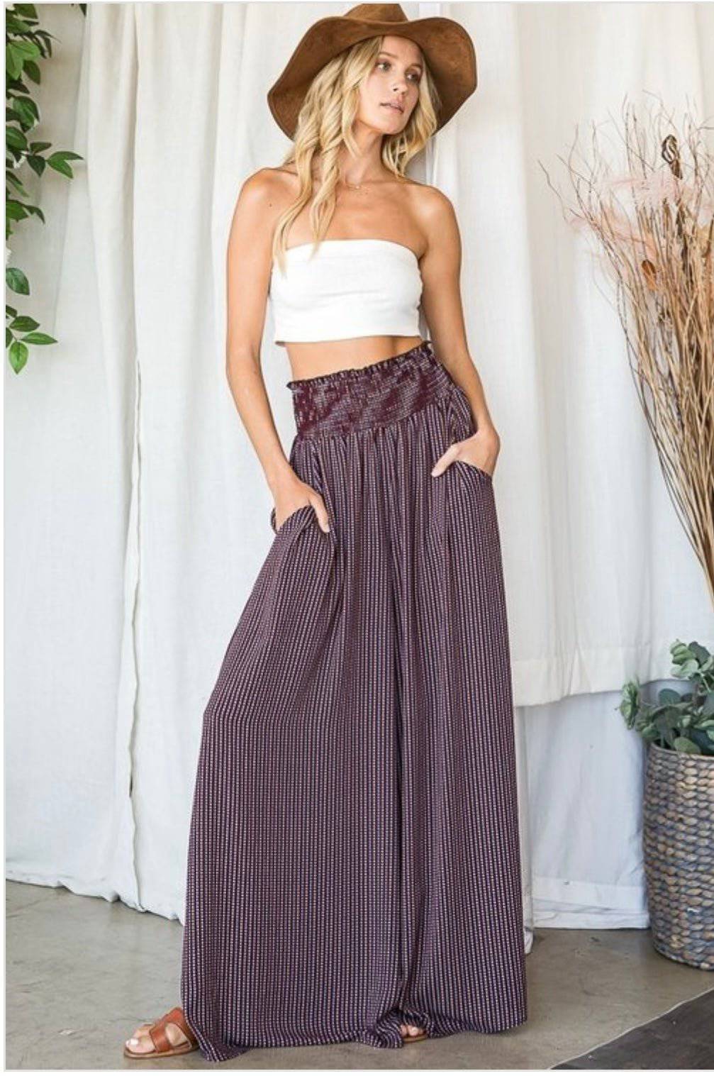 Smocked Waist Wide Leg Maxi Pants - High-rise style, Pleated, Side Pockets - True to size - Bella Boutique & Bellasbylola.com