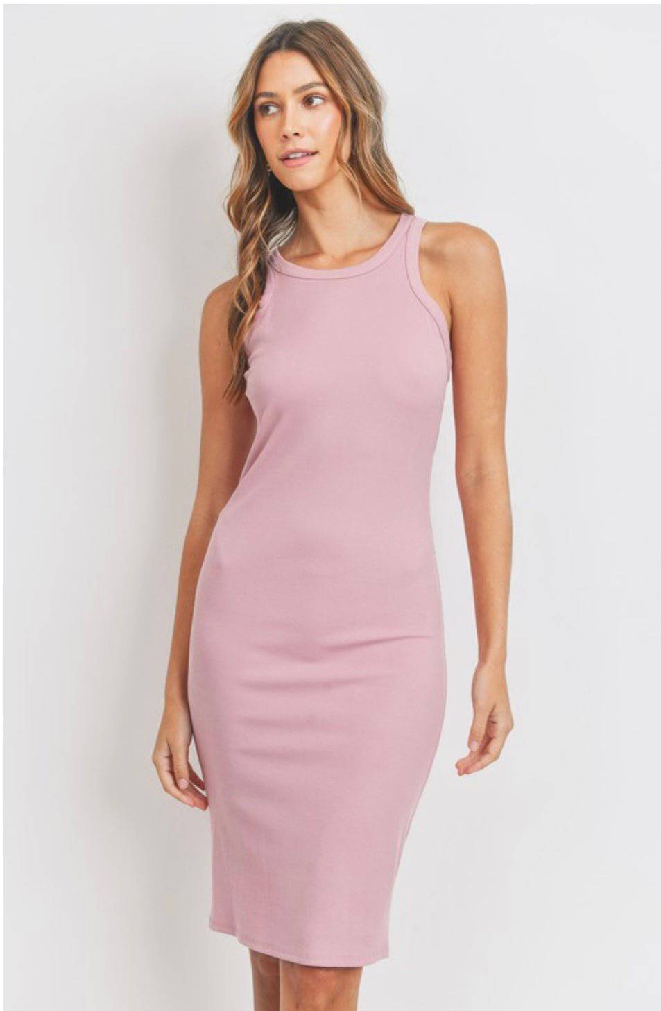 Rib Knit Sleeveless Bodycon Dress - Medium-weight & Solid, Below Knee Length - Bella Boutique & Bellasbylola.com