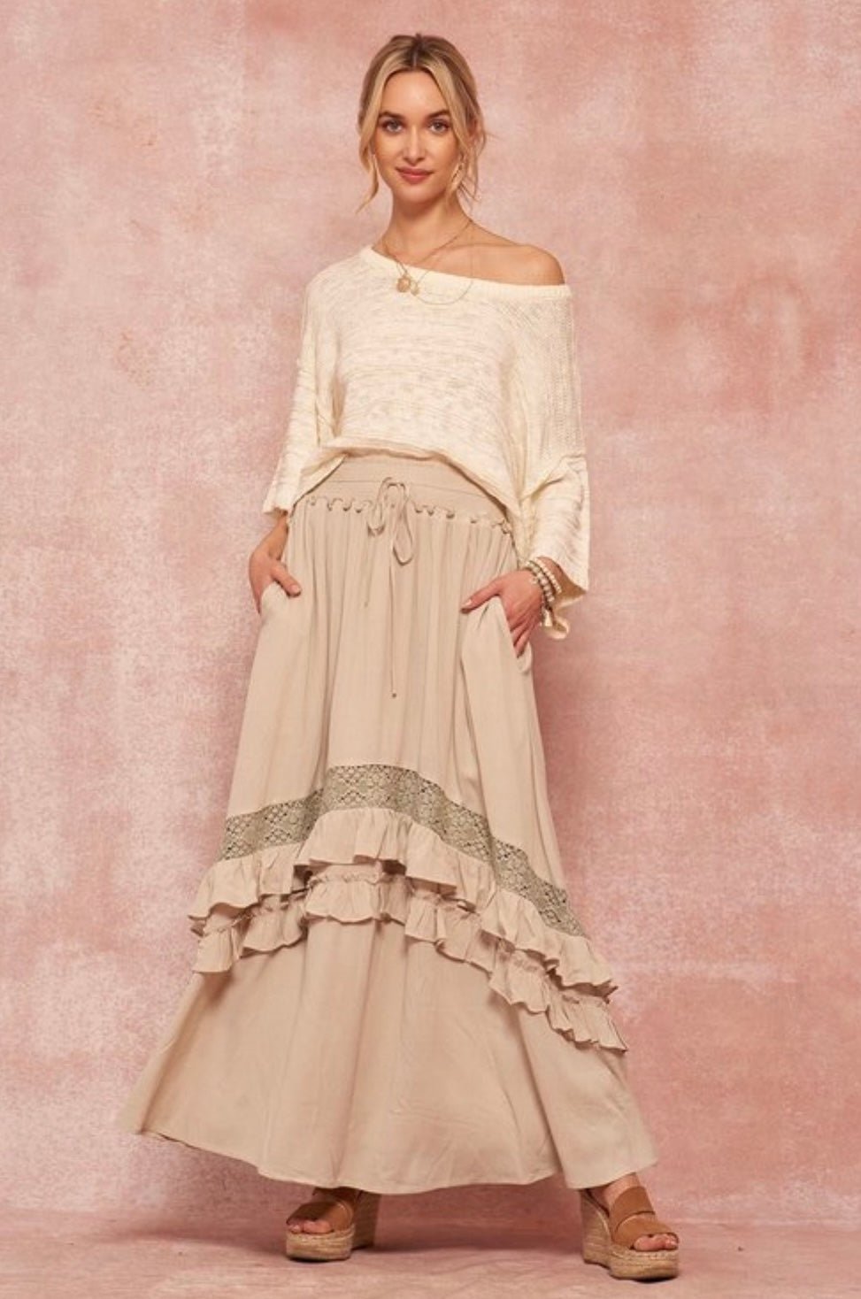 Tiered Ruffle Maxi Skirt with Crochet Lace Trim and Pockets - Bella Boutique & Bellasbylola.com