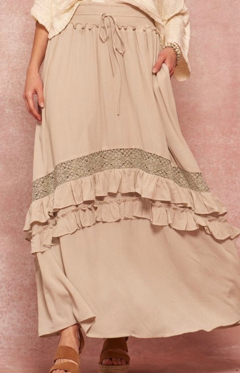 Tiered Ruffle Maxi Skirt with Crochet Lace Trim and Pockets - Bella Boutique & Bellasbylola.com