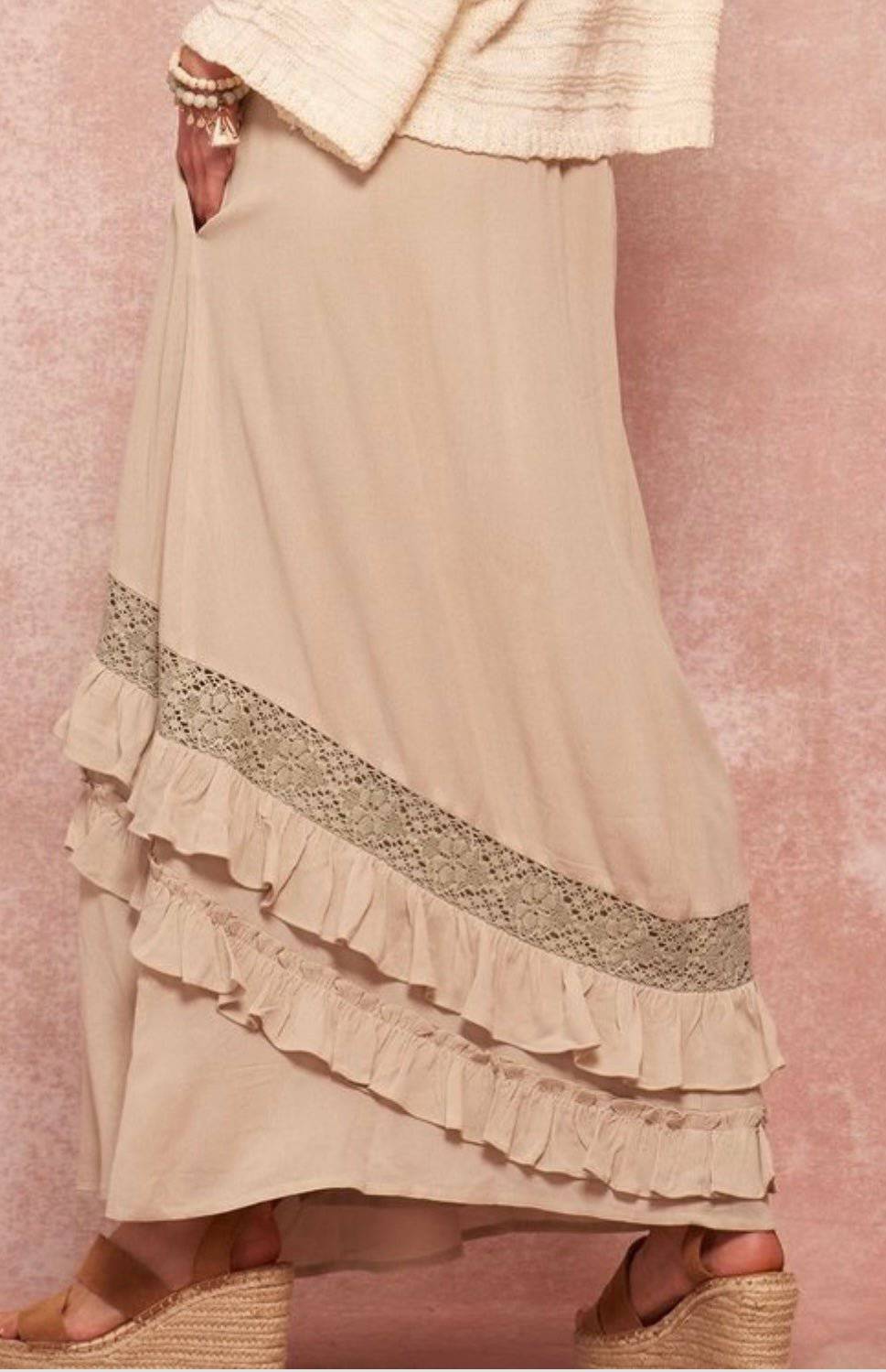Tiered Ruffle Maxi Skirt with Crochet Lace Trim and Pockets - Bella Boutique & Bellasbylola.com