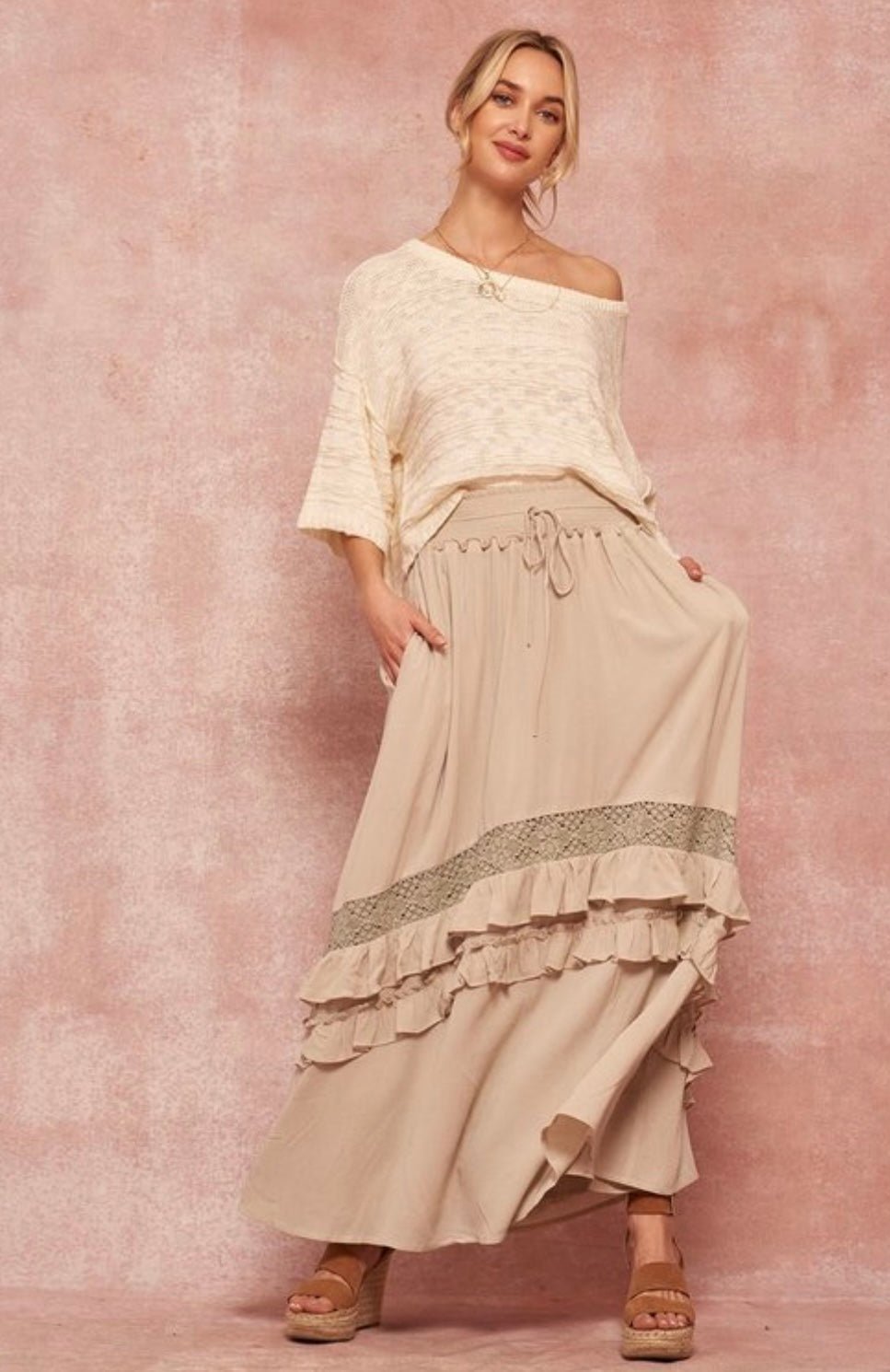 Tiered Ruffle Maxi Skirt with Crochet Lace Trim and Pockets - Bella Boutique & Bellasbylola.com