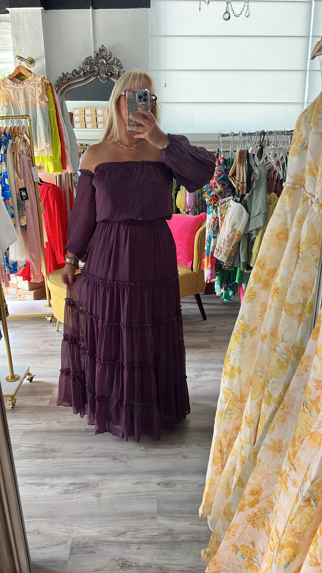 Morado Maxi Dress: Ethereal Elegance, Effortless off-shoulder neckline, True to size 🌟 - Bella Boutique & Bellasbylola.com