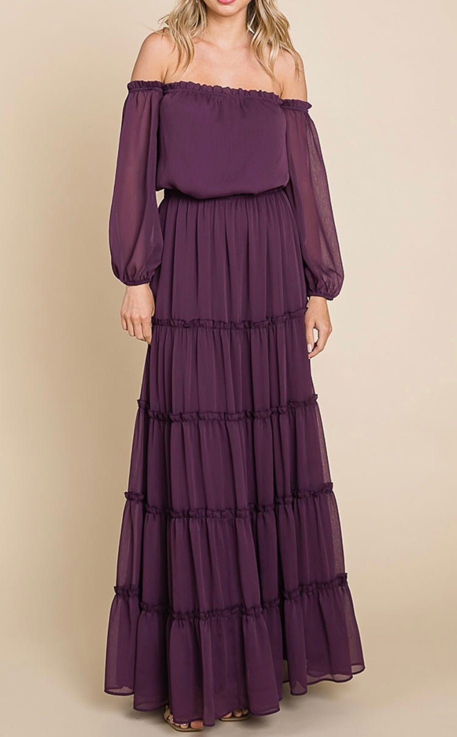 Morado Maxi Dress: Ethereal Elegance, Effortless off-shoulder neckline, True to size 🌟 - Bella Boutique & Bellasbylola.com